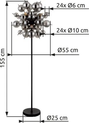 Globo 15633SS Állólámpa fém fekete matt, füstszínű üveggömbök, fekete PVC kábel, lábpedálos kapcsoló a kábelen, ø: 550mm, M: 1550mm, kábel hossza 1800mm, üveggömbök átmérője: 24 x 6 cm, 24 x 10 cm, 6x E14 25W 230V izzók nélkül