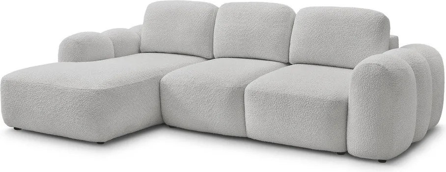 Világosszürke buklé kinyitható-tárolóhelyes sarokkanapé (bal oldali-heverő résszel) Montaigne – Bobochic Paris