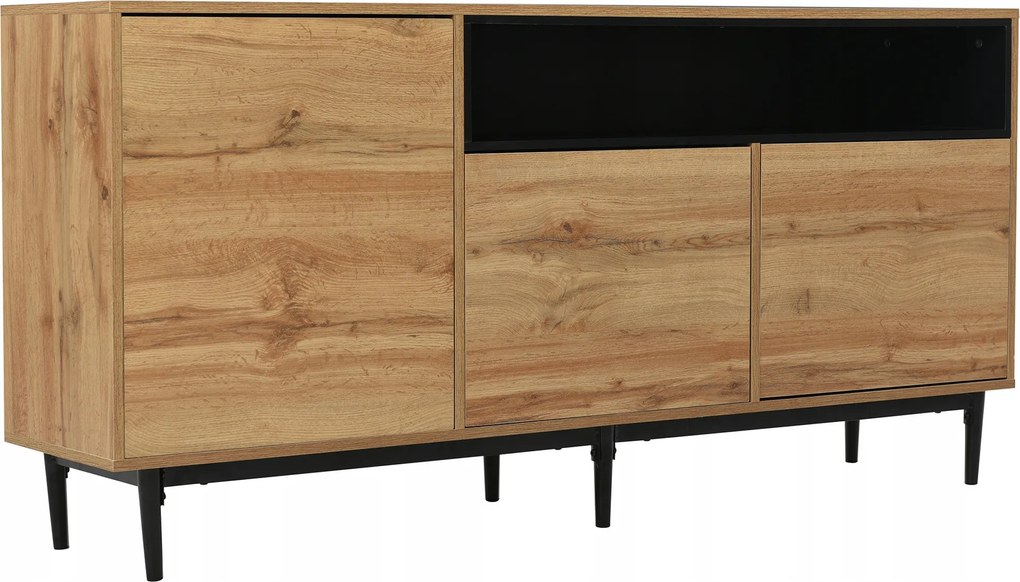 fa tálalószekrény három ajtóval és polcokkal 160x35x76cm fekete fa