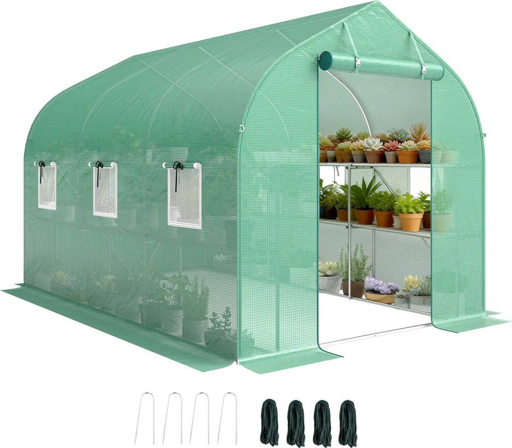 Outsunny 6 m² alagút fóliaház polcokkal, 198 x 293 x 194 cm — horganyzott váz, feltekerhető ajtó, 6 hálós ablak, 140 g/m² PE borítás — zöld | Aosom