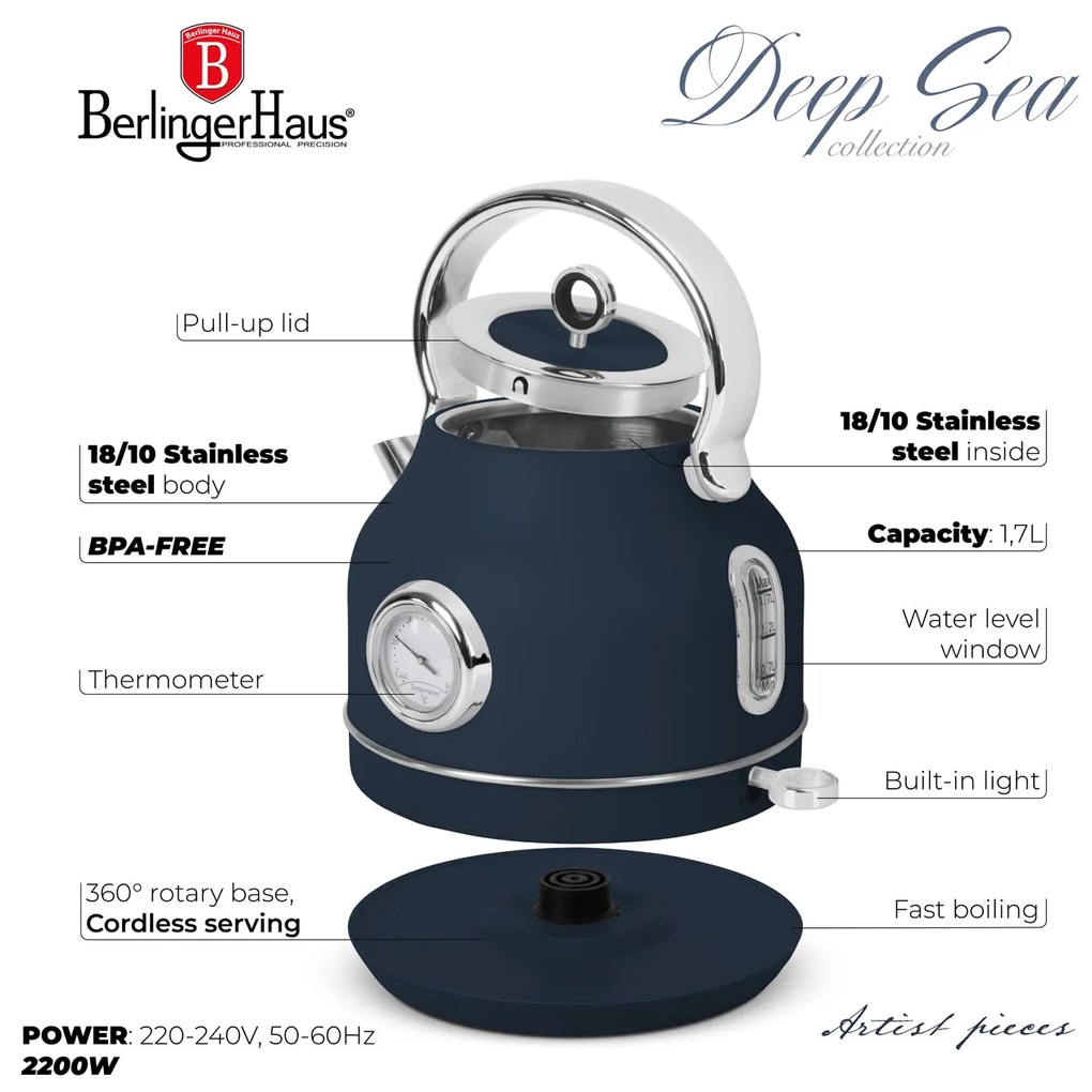 BerlingerHaus Elektromos, hőfok kijelzővel ellátott vízforraló 1,7 liter matt kék