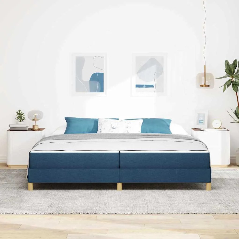Boxrugós ágy Kék és Barna 200 x 200 cm Textil és mérnöki fa