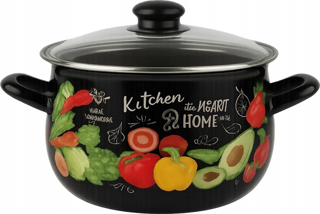 Bogrács zománcozott fedővel, fekete, zöldségekhez, zománc, 6,2l, 24cm