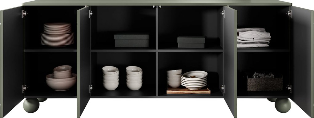 Sonatia II komód 200 cm négyajtós - olíva / gömb lábak