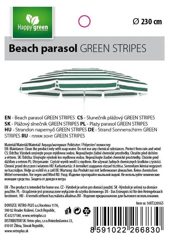 Happy Green strand napernyő zöld csíkos, 230 cm