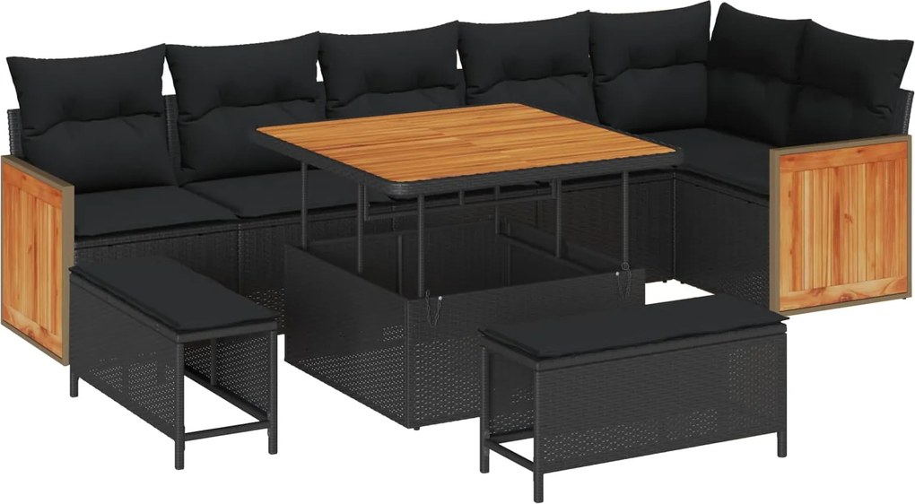 vidaXL Kerti Kanapé Szett párnával 11 pcs Fekete polirattan