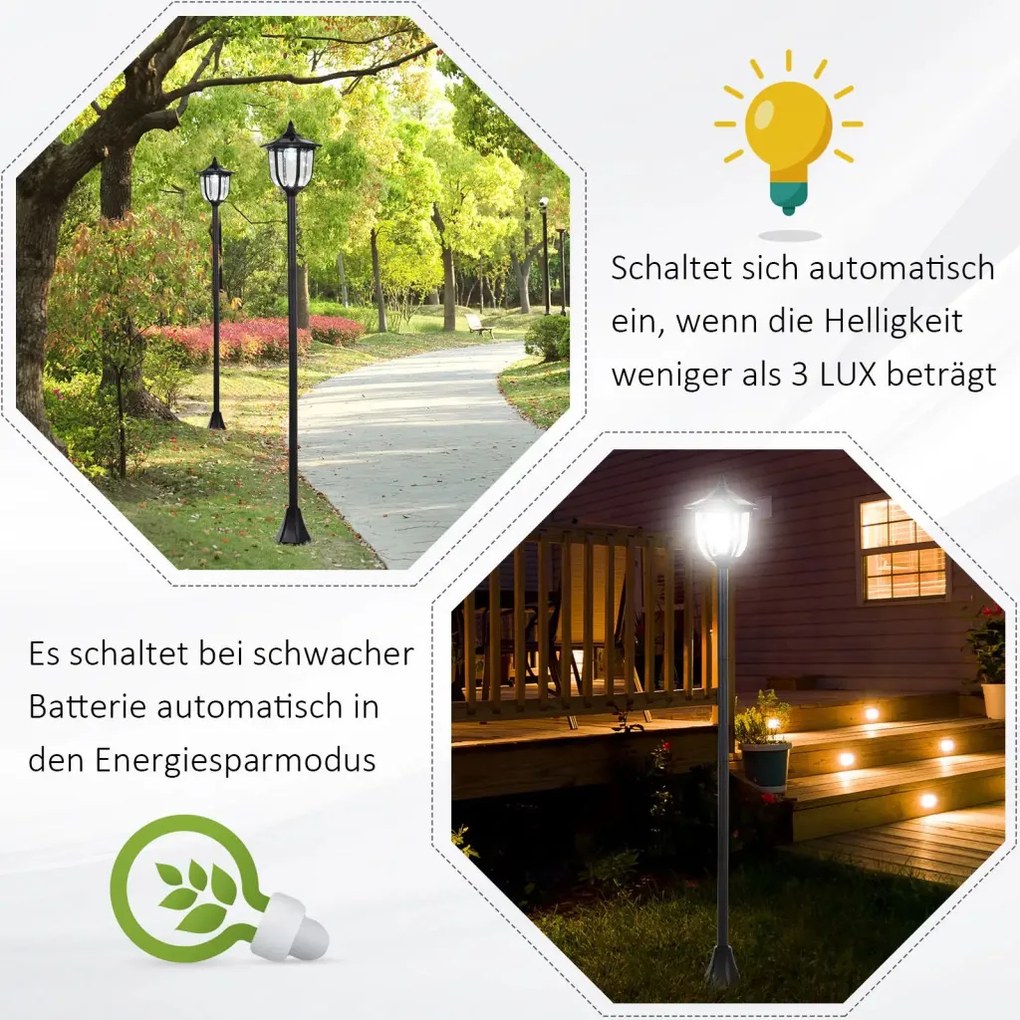 Outsunny Napelemes LED kerti lámpa, műanyag lámpa, kültéri lámpa beltéri és kültéri használatra, erkélyre, dekorációhoz fekete