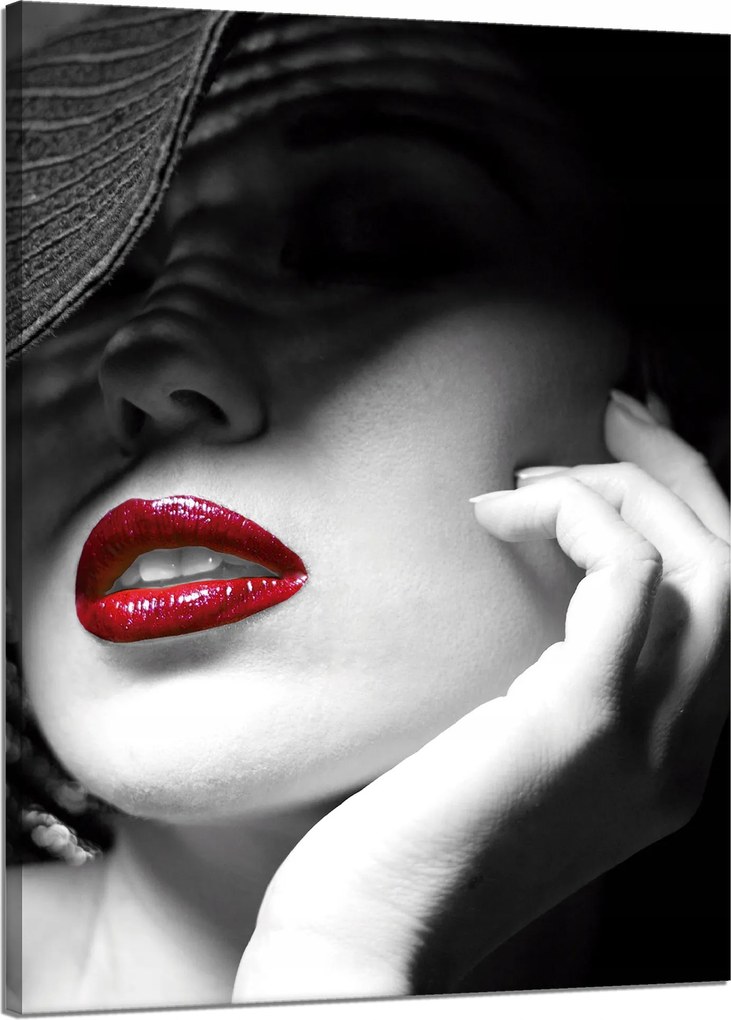 Vászonkép Piros Száj Nők Fekete Kalap Elegancia 50x70 cm