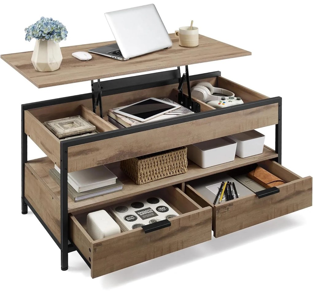 Magasságban állítható dohányzóasztal, 50 × 100 cm, karamellbarna–tintafekete színben