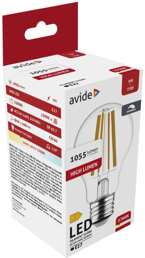 Avide LED Filament Globe 9W Fényerőszabályzós E27 WW 2700K