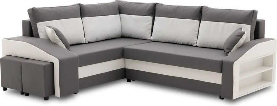 Grande sarokkanapé polcokkal és puffokkal , polc a jobb karfaban puffok a bal karfaban, baloldali, szövet anyag, bonell töltet, szürke - fehér