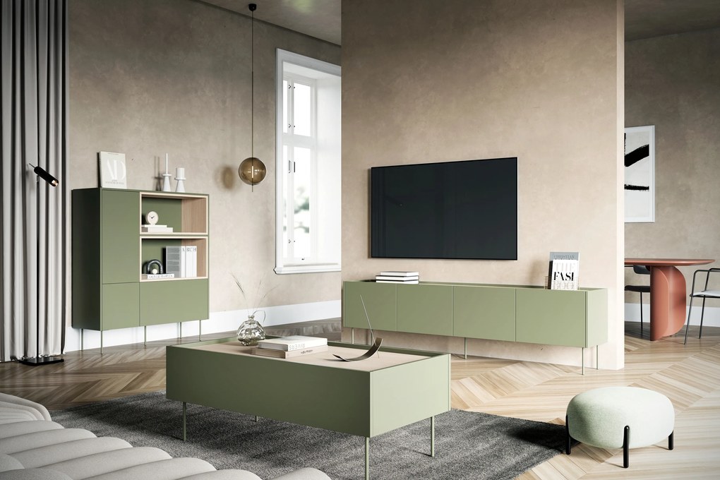 Desin 220 4D1SZ négyajtós TV-szekrény polccal - olívazöld / nagano-tölgy