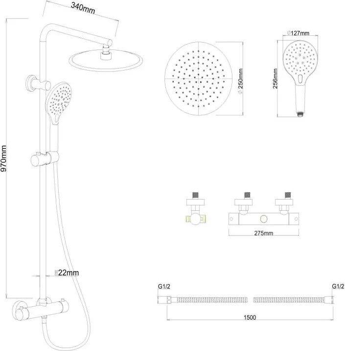 Erga Bergen Therm, zuhanygarnitúra termosztatikus csapteleppel és esőfejjel 25cm, fekete matt, ERG-YKA-BP.BERGEN-THERM-25-BLK