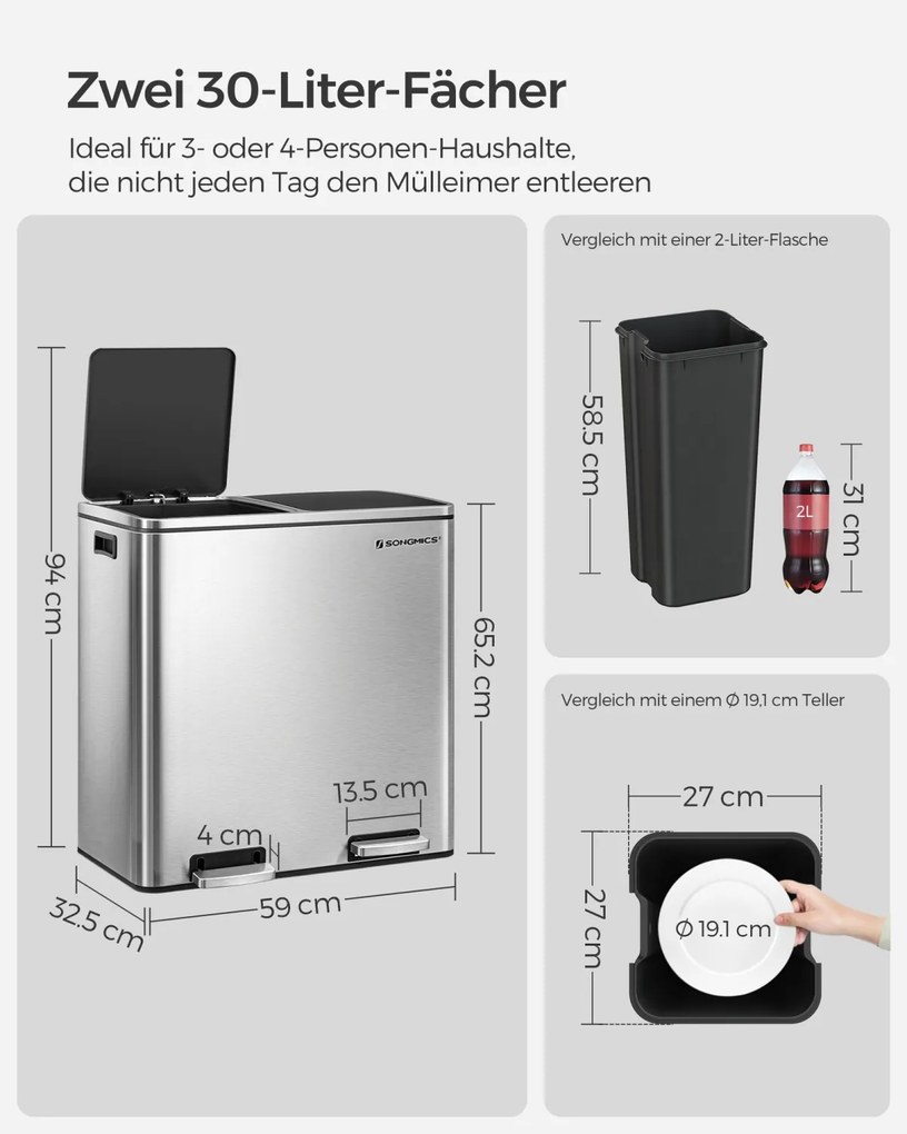 Szelektív szemeteskuka 2x30L, ezüst