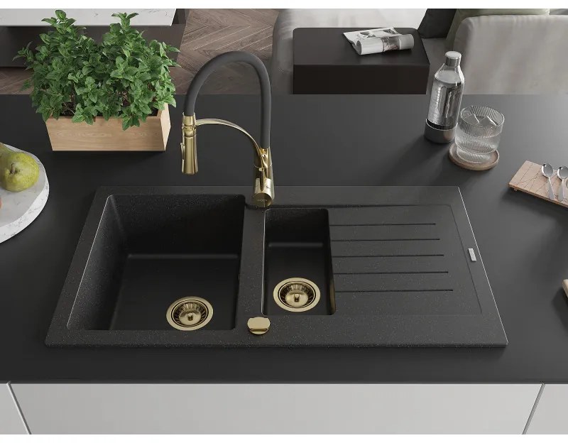 Mexen Matias, gránit mosogató 900x505x200 mm, 1,5 kamrás és Aster mosogató csaptelep, fekete-ezüst metál, 6502-73-73450-57-G