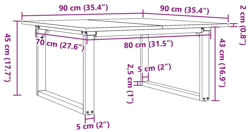 tömör fenyőfa és öntöttvas dohányzóasztal O-vázzal 90x90x45 cm