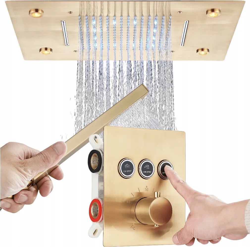 Arany Vízeséses, Süllyesztett Zuhany Szett Termosztáttal, Világítással Box