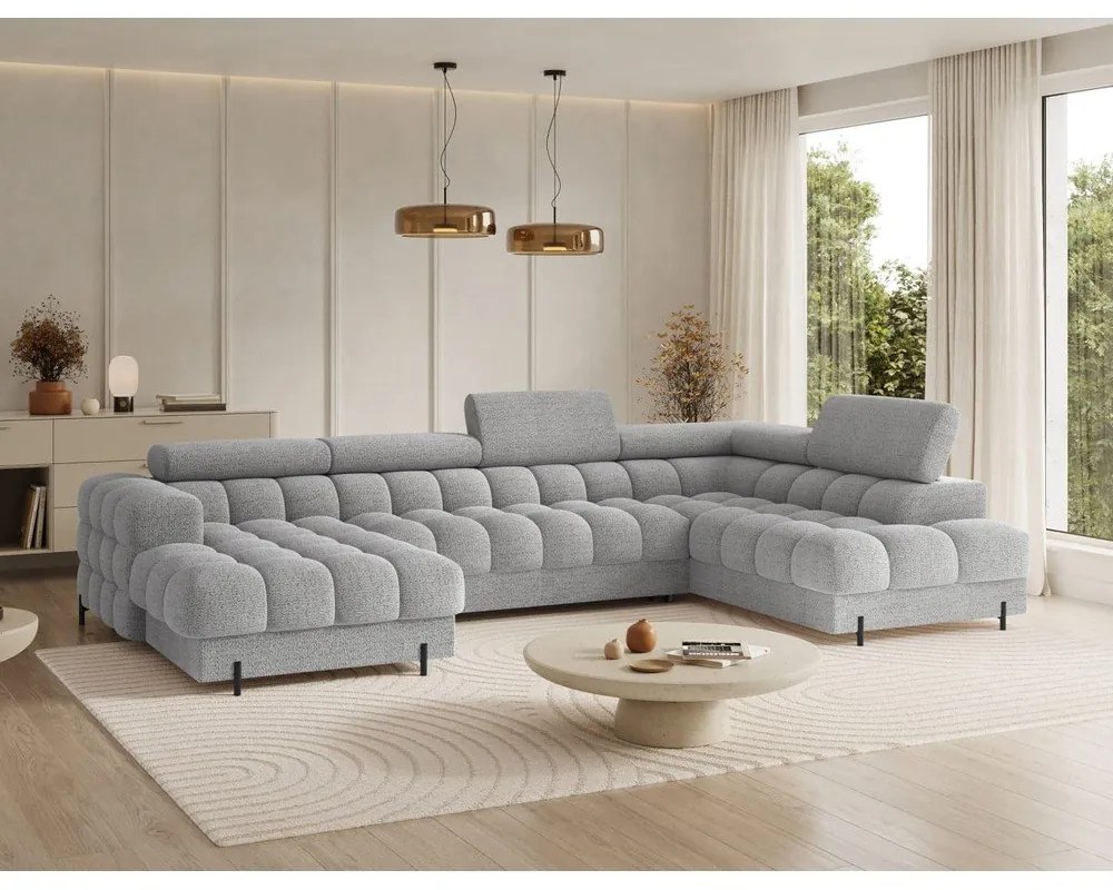 Szürke buklé kinyitható sarokkanapé (jobb oldali-U alakú) Feraria – ELTAP