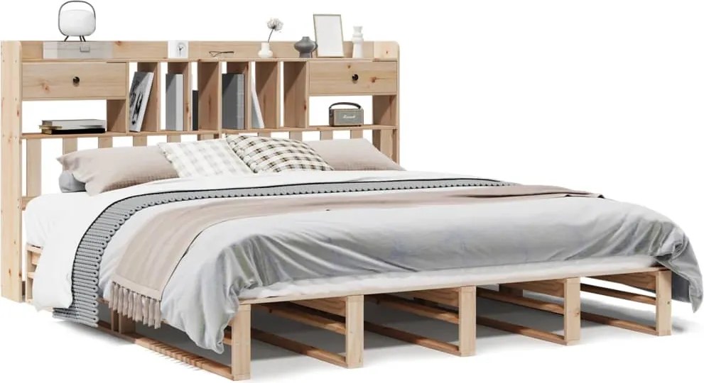 vidaXL tömör fenyőfa könyvespolcos ágy matrac nélkül 180 x 200 cm
