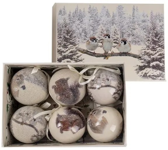 Gömb karácsonyfadísz díszdobozban - 6 darabos 6 cm - havas / erdei állatok