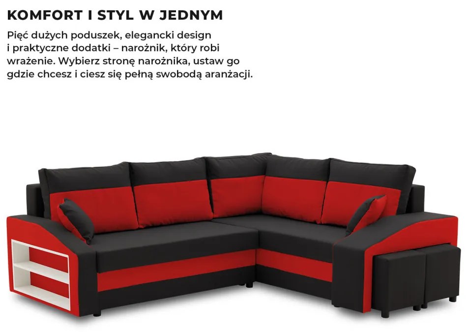 Grande sarokkanapé polcokkal és puffokkal , polc a bal karfaban puffok a jobb karfaban, jobboldali, szövet anyag, hab töltet, fekete - piros