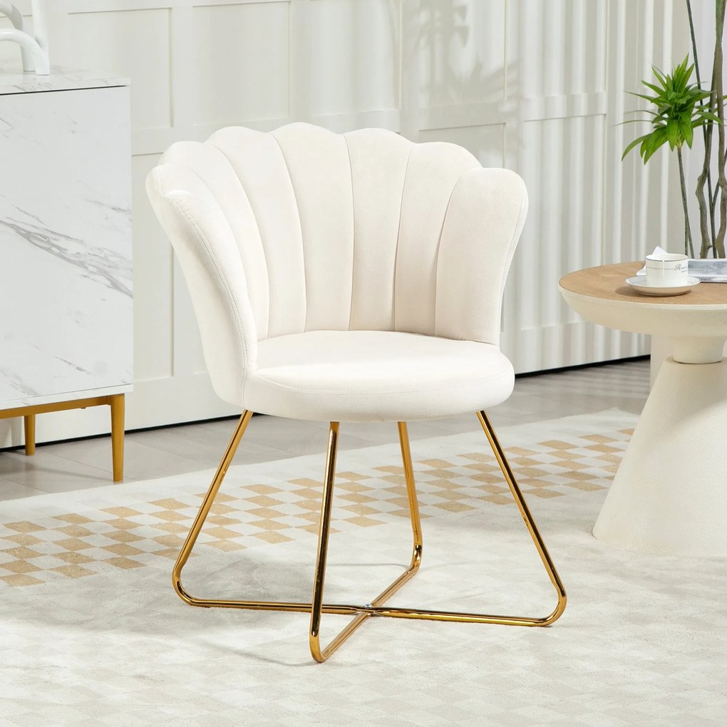 HOMCOM Shell Chair Öltözködő Asztali Szék Velúr Fotel Lounge Szék Acél Lábbal Nappali és Hálószoba Számára 69 x 64 x 80 cm Krém | Aosom