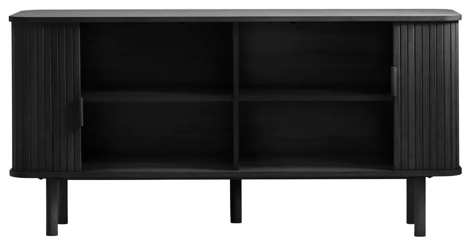 Fekete alacsony komód tolóajtóval, tölgyfa dekorral 76x160 cm Cavo – Unique Furniture