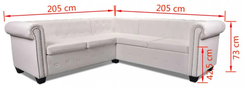 5 személyes fehér műbőr Chesterfield sarokkanapé