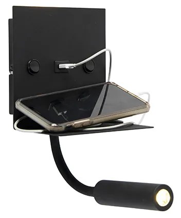 Modern fali lámpa USB fekete, rugalmas karral - Duppio