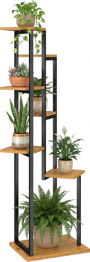 Outsunny 7 polcos virágtartó, 130 cm magas, lépcsőzetes fenyő és acél polcos állvány – Világosbarna | Aosom