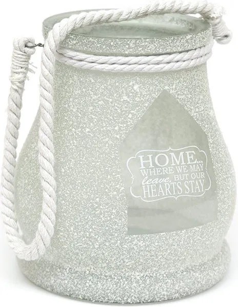 Lampion Gyertyatartó Home Üveg Zsinórral Fehér 18x15cm Matt Felirattal