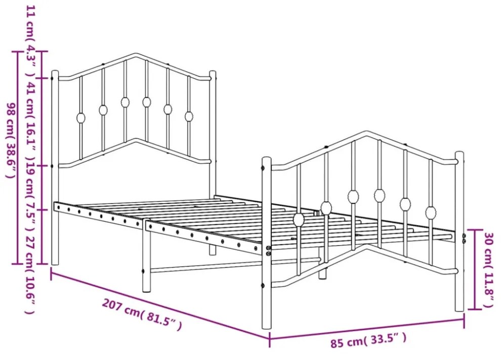 fehér fém ágykeret fej- és lábtámlával 80 x 200 cm