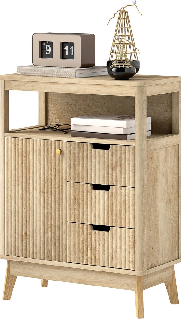 HOMCOM Modern Stílusú Büfé Oldalszekrény Ajtókkal, Állítható Polccal és Nyitott Polccal - Étkező, Konyha és Nappali Büfé, 60 x 30 x 81 cm, Természetes