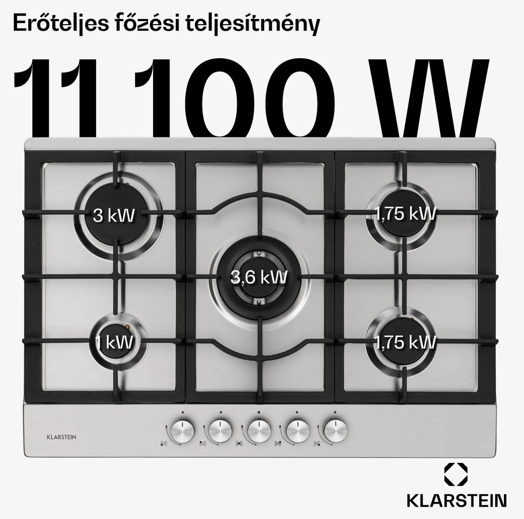 Klarstein Ignito 5, gázfőzőlap, 5 Sabaf égő, rozsdamentes acél, ezüst