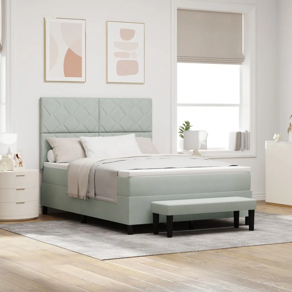 Box Spring Ágy Matraccal és Padlóval Világosszürke 140x190 cm Bársony