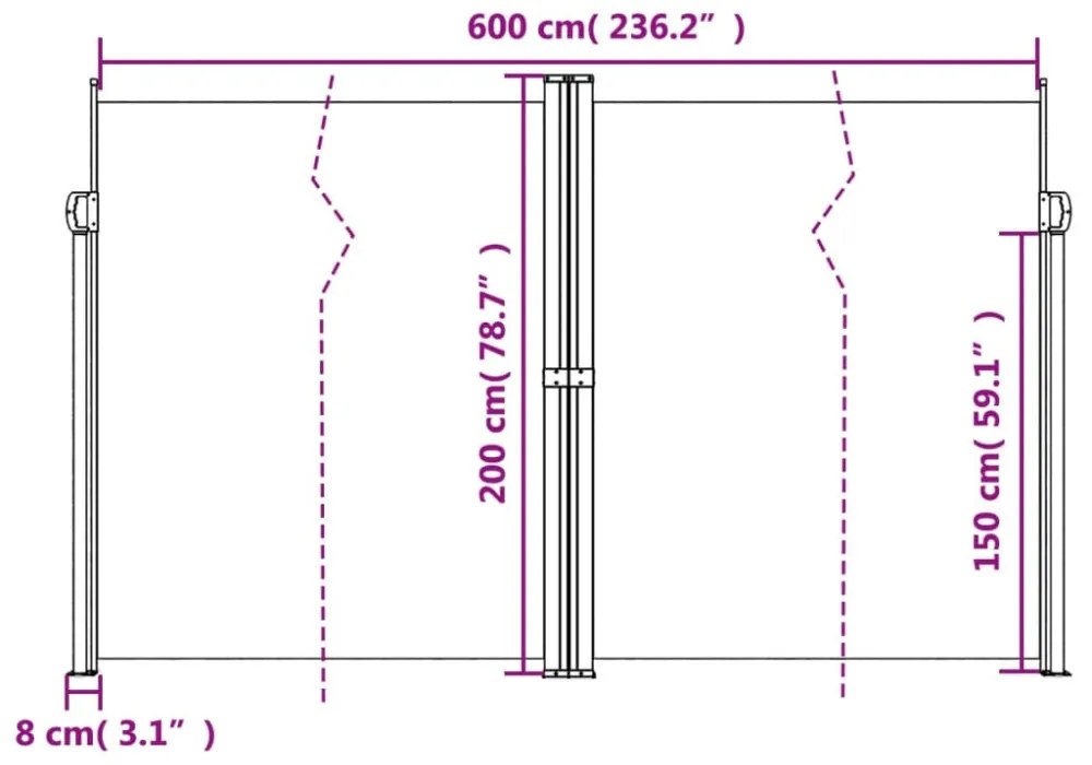 fekete behúzható oldalsó napellenző 200 x 600 cm