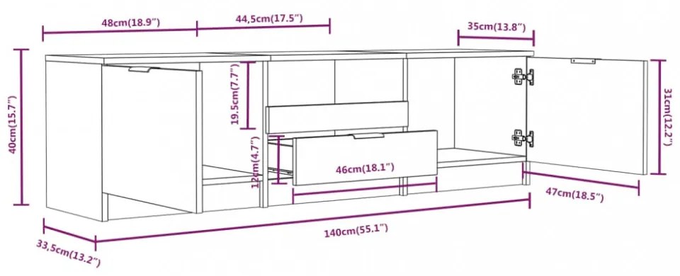 betonszürke szerelt fa TV-szekrény 140x35x40 cm