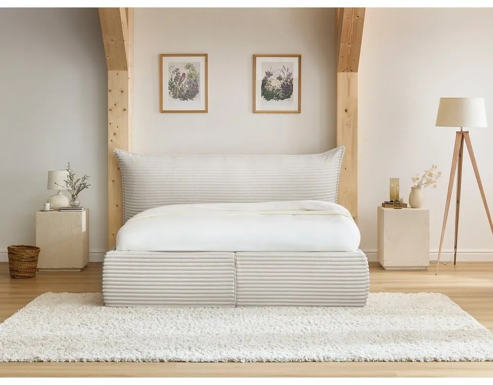 Bézs kárpitozott ágyneműtartós franciaágy ágyráccsal 180x200 cm Jade – Bobochic Paris