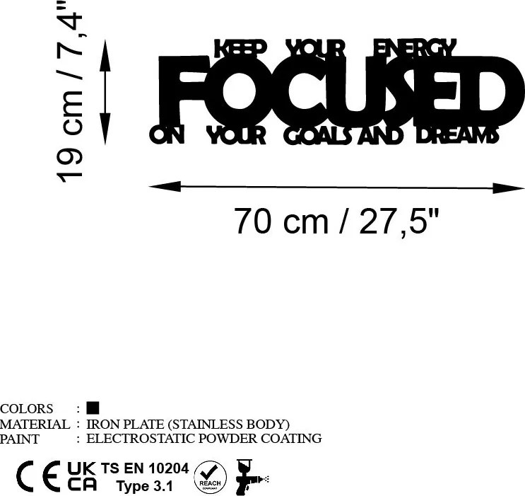 Focused fém fali dekoráció, 70×19 cm