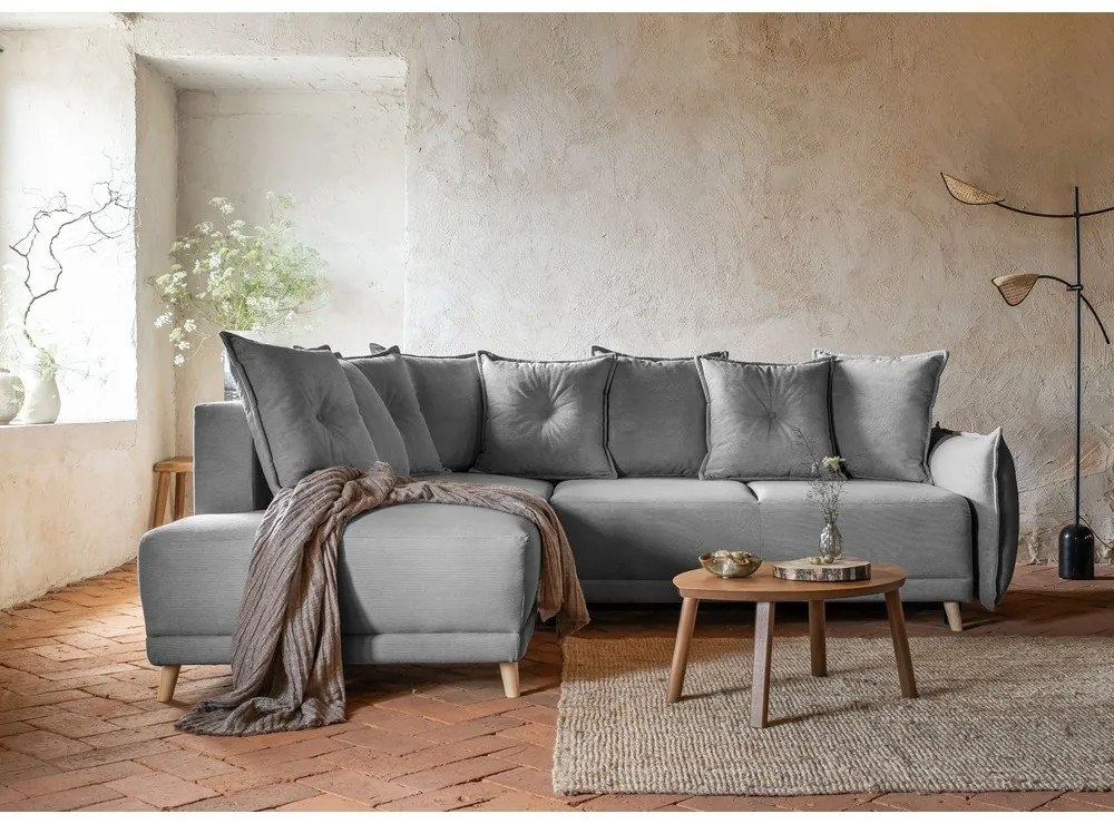 Szürke kordbársony kinyitható sarokkanapé (bal oldali) Lazy Lukka – Miuform