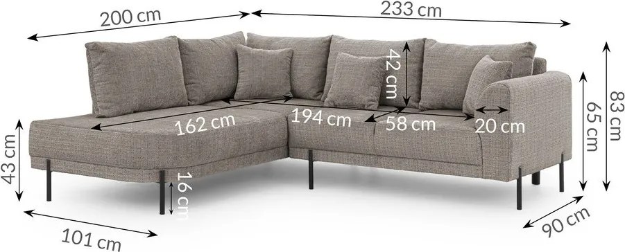 Szürkésbarna zsenília sarokkanapé (bal oldali-L alakú) Mauris – Ropez