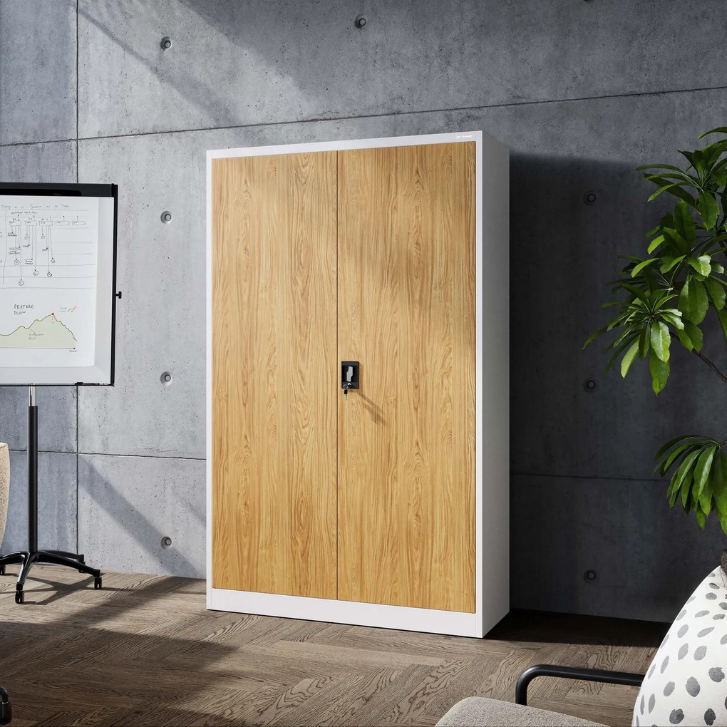 Fém irodai iratszekrény, széles, fehér/arany tölgy, 1150x1850x400 mm: JAN II Eco Design