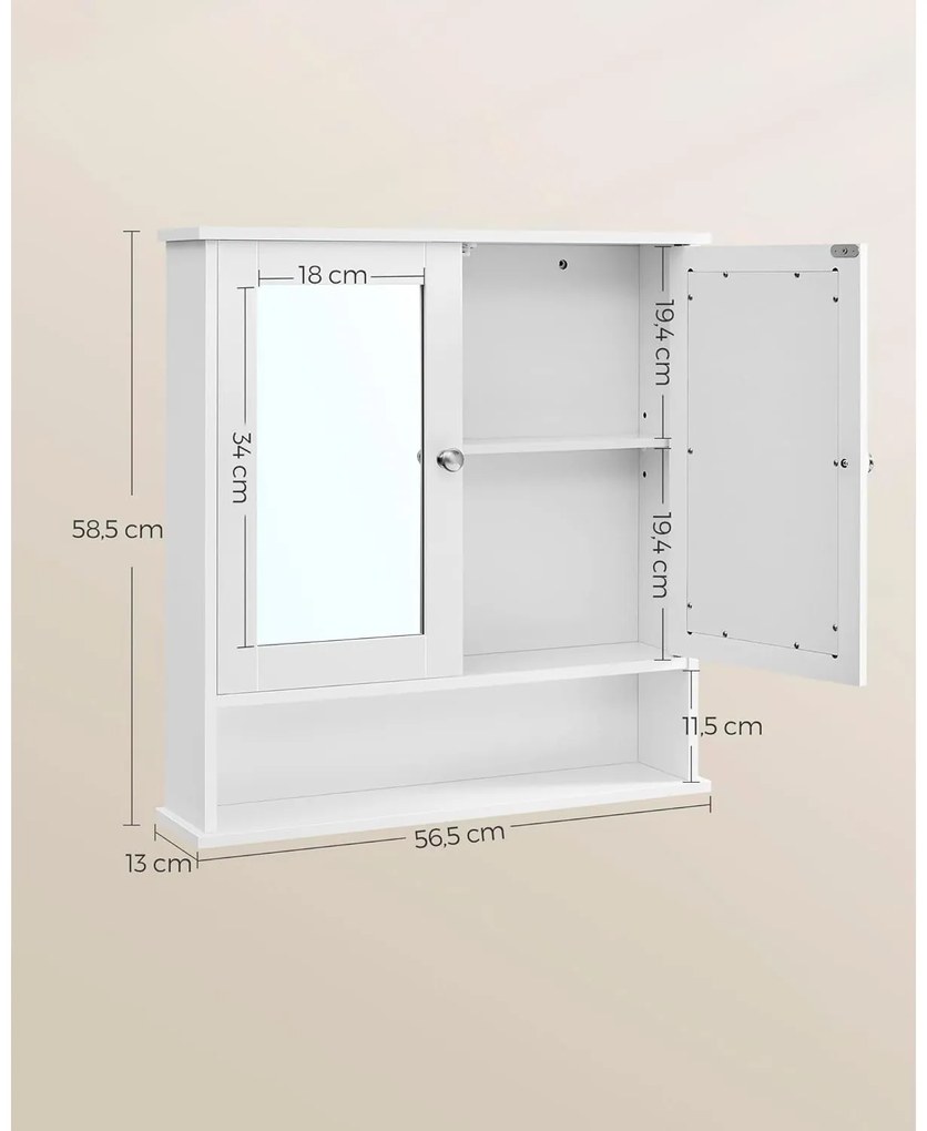 Fali dupla tükrös fürdőszoba szekrény, fehér 56x13x58cm