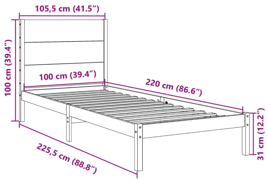 fehér tömör fa extra hosszú ágykeret matrac nélkül 100 x 220 cm