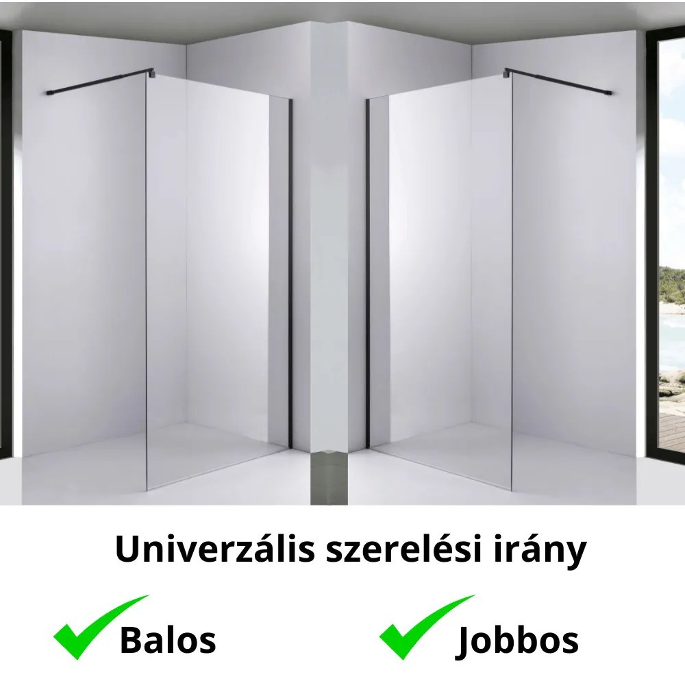 Stuxi Milano Black Walk-in zuhanyfal 8 mm vastag vízlepergető biztonsági üveggel, 200 cm magas, fekete profillal és távtartóval