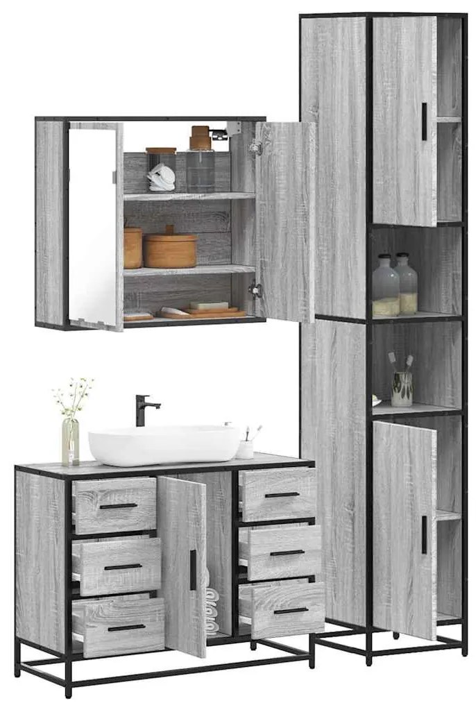 3 részes szürke sonoma színű szerelt fa fürdőszobai bútorszett