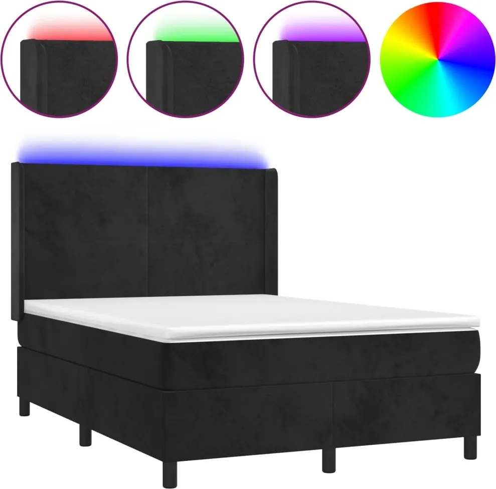 vidaXL fekete bársony rugós és LED-es ágy matraccal 140x190 cm