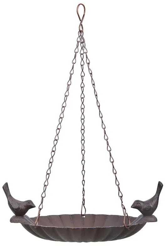 Felakasztható öntöttvas madáretető és itató, két kismadárral