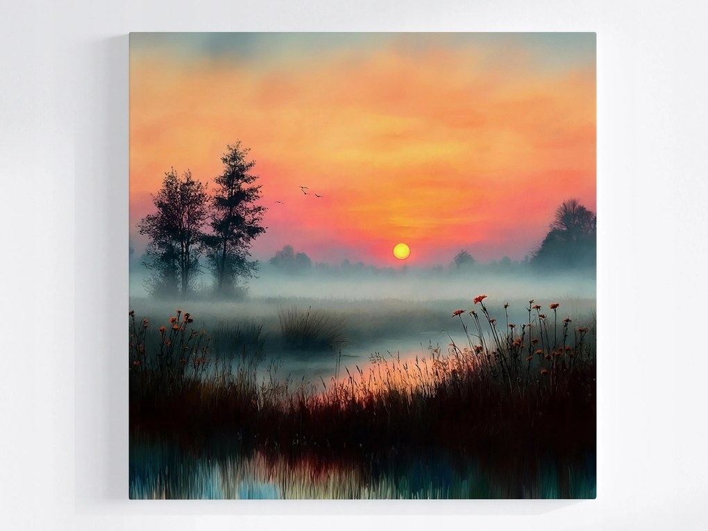 Vászonkép Canvas Napfelkelte Tó Köd Természet Virágok 40x40