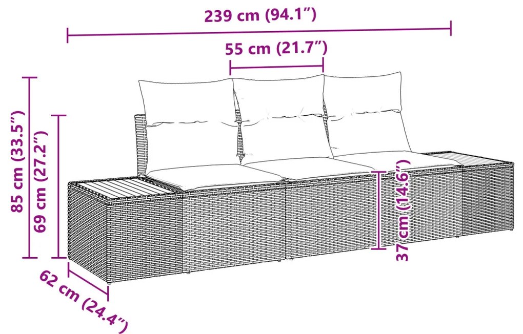 3 részes kerti kanapé szett párnákkal Fekete Poli rattan Akácia